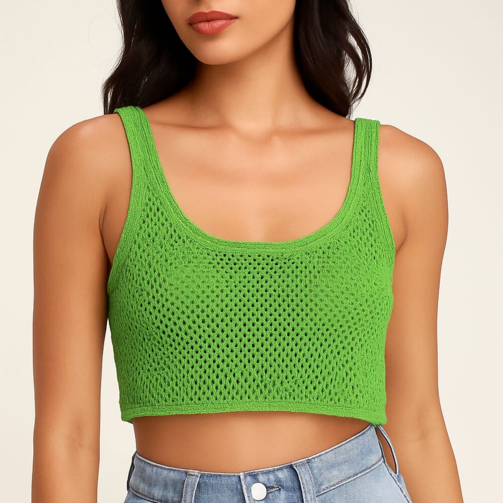 Lulus Green Open Knit Crop Tank Top – Size Large NWT